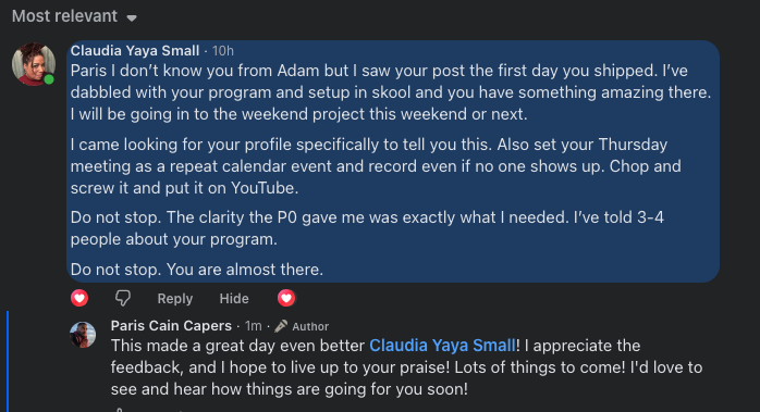 Screenshot of Claudia Yaya Small's unsolicited message to Paris praising the Capers Ventures program